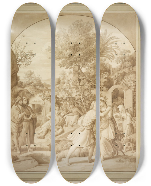 Triptych art skateboard deck of Julius Schnorr Von Carolsfeld Jacob Und Rahel Am Brunnen by Julius Schnorr Von Carolsfeld (1794-1872)