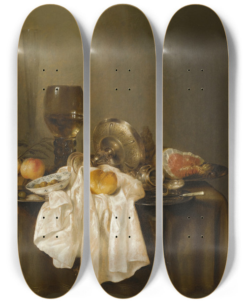 Triptych art skateboard deck of Willem Claesz Heda A Banketje Still Life With A Roemer A Silver Tazza On Its Side A Ham Peaches A Salt Cellar A Bread Roll And A White Cloth On A Partly Draped Table by Willem Claesz Heda (1594-1680)