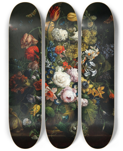 Triptych art skateboard deck of Johann Baptist Drechsler Tulips Daffodils Roses And Other Flowers In A Vase On A Stone Ledge With Butterflies And A Birds Nest by Johann Baptist Drechsler (1756-1811)