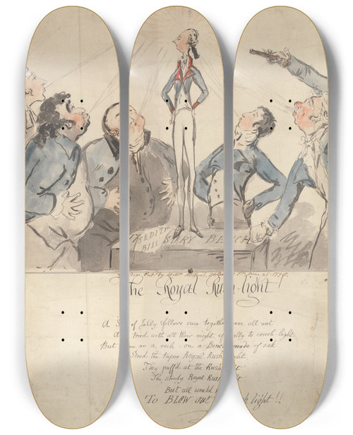Triptych art skateboard deck of George Moutard Woodward The Royal Rush Light by George Moutard Woodward (1765-1809)