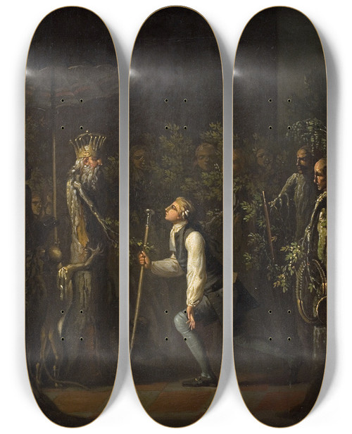 Triptych art skateboard deck of Nicolai Abildgaard The Potuans Are Surprised To See Niels Klim Genuflect In Front Of The Wise Prince by Nicolai Abildgaard (1743-1809)