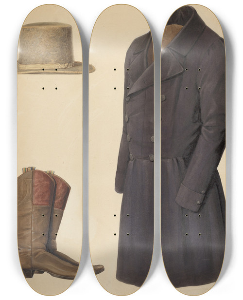 Triptych art skateboard deck of Fritz Boehmer Zoar Mans Hat Boots And Coat by Fritz Boehmer