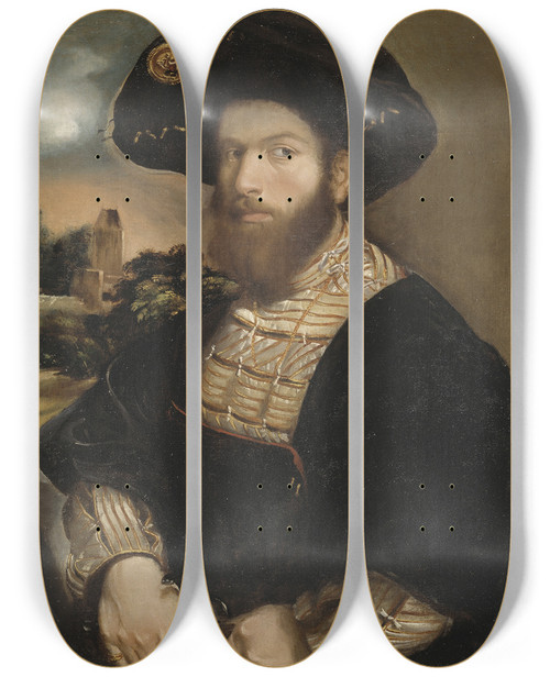 Triptych art skateboard deck of Dosso Dossi Portrait Of A Man Wearing A Black Beret by Dosso Dossi (1489-1542)