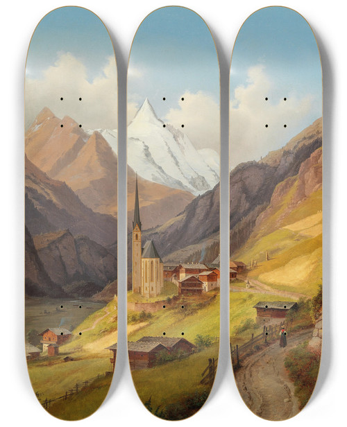Triptych art skateboard deck of Markus Pernhart Heiligenblut With A View Of Grossglockner_2 by Markus Pernhart (1824-1871)