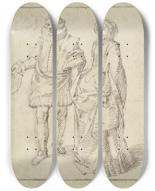 Triptych art skateboard deck of Jacques Callot Ein Kavalier Mit Seiner Dame by Jacques Callot (1592-1635)