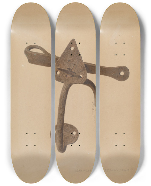 Triptych art skateboard deck of Alexander Anderson Handled Door Latch by Alexander Anderson