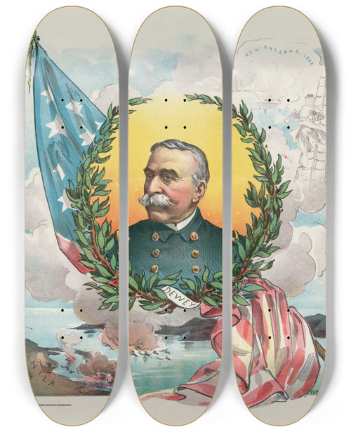 Triptych art skateboard deck of Udo Keppler The Disciple Of Farragut Is Worthy Of His Master by Udo Keppler (1872-1956)