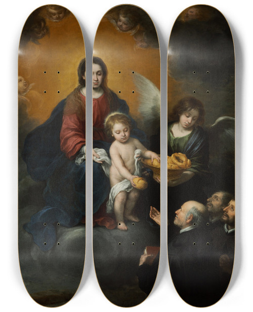 Triptych art skateboard deck of Bartolom Estebn Murillo The Infant Christ Distributing Bread To The Pilgrims by Bartolome Esteban Murillo (1617-1682)
