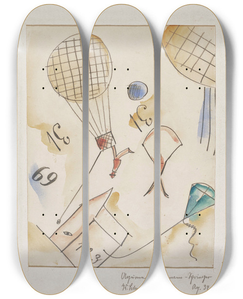 Triptych art skateboard deck of Kurt Schwitters Aq 34 Aquarell Fallmannspringer by Kurt Schwitters (1887-1948)