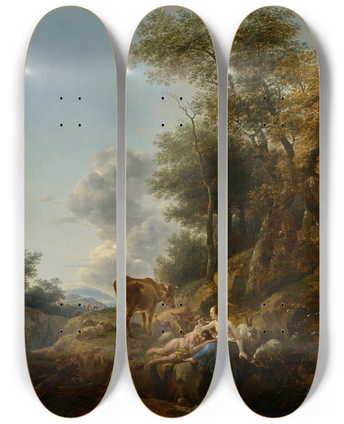 Triptych art skateboard deck of Nicolaes Pietersz Berchem Landscape With A Nymph And A Satyr by Nicolaes Pietersz Berchem (1620-1683)