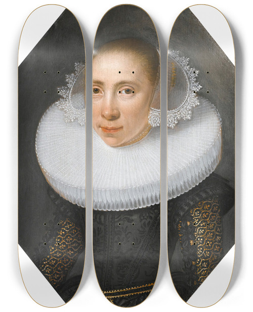 Triptych art skateboard deck of Dutch School Portrait Of A Lady With A White Ruff by Dutch School