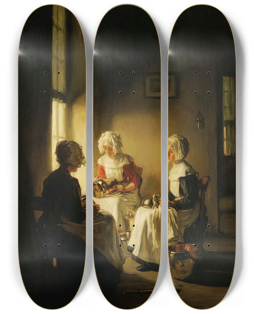 Triptych art skateboard deck of Joseph Bail Polishing The Copper_1 by Joseph Bail (1862-1921)