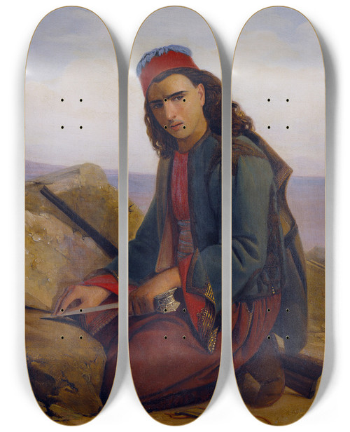 Triptych art skateboard deck of Louis Lopold Robert A Young Greek Sharpening His Dagger by Louis Leopold Robert (1794-1835)