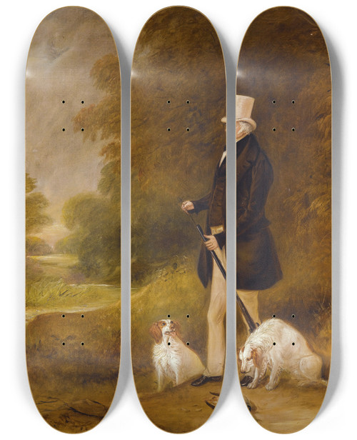 Triptych art skateboard deck of John Ferneley Portrait Of Sir William Mordaunt Sturt Milner 4Th Bt 17791855With Two Clumber Spaniels Out Shooting by John Ferneley (1782-1860)
