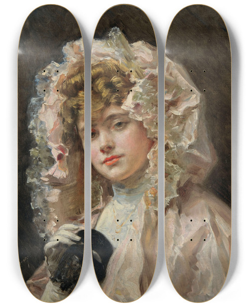Triptych art skateboard deck of Raimundo De Madrazo Y Garreta Jeune Fille Tenant Un Loup by Raimundo De Madrazo Y Garreta (1841-1920)