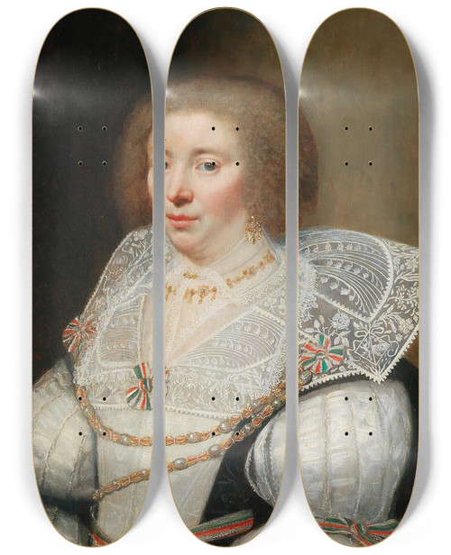 Triptych art skateboard deck of Jan Anthonisz Van Ravesteyn Portrait Of Cornelia Grijp The Coatofarms Of The Grijp Family Weaved In Her Collar by Jan Anthonisz Van Ravesteyn (1570-1657)