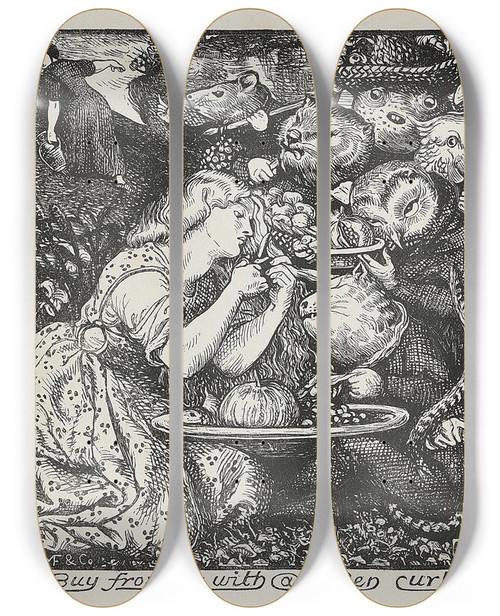 Triptych art skateboard deck of Dante Gabriel Rossetti Buy From Us With A Golden Curl by Dante Gabriel Rossetti (1828-1882)