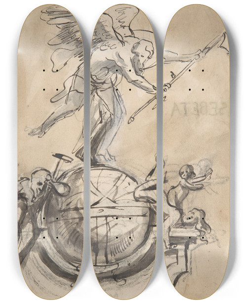 Triptych art skateboard deck of Pieter Verbruggen The Younger Design For A Sepulchral Monument With An Allegory Of Time_3 by Pieter Verbruggen The Younger (1648-1691)