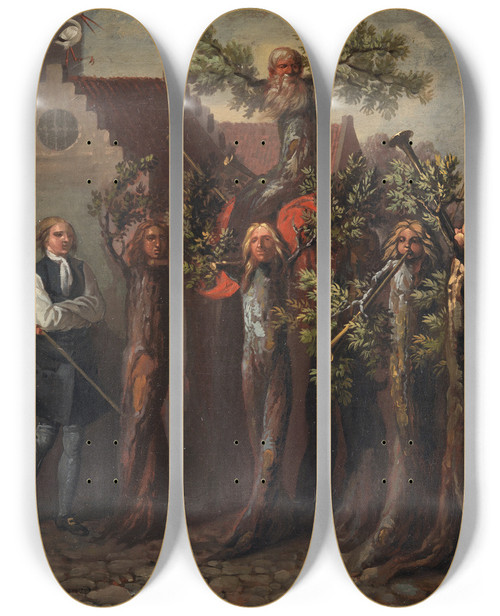 Triptych art skateboard deck of Nicolai Abildgaard The Triumph Of A Potuan Whose Reform Proposal Has Been Approved by Nicolai Abildgaard (1743-1809)