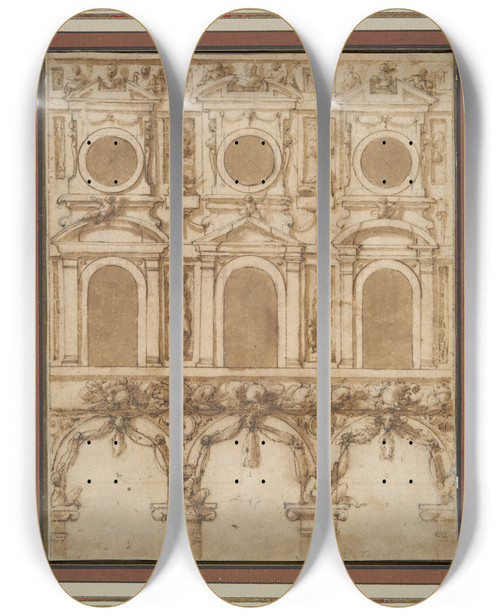 Triptych art skateboard deck of Giorgio Vasari Design For A Temporary Decoration Of The East Wall Of The Palazzo Vecchio Courtyard by Giorgio Vasari (1511-1574)