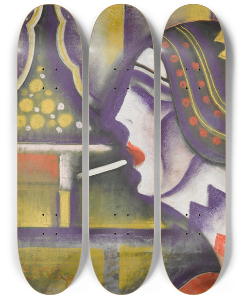 Triptych art skateboard deck of Hugo Scheiber Dame Mit Cigarette Lady With A Cigarette by Hugo Scheiber (1873-1950)