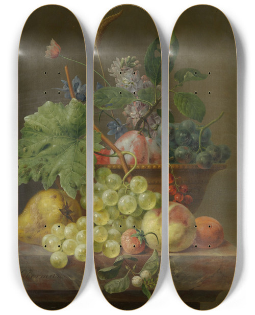 Triptych art skateboard deck of Anthony Oberman Still Life With Fruit In A Terracotta Dish by Anthony Oberman (1781-1845)