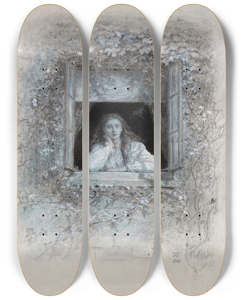 Triptych art skateboard deck of Sir John Everett Millais A Reverie by Sir John Everett Millais (1829-1896)