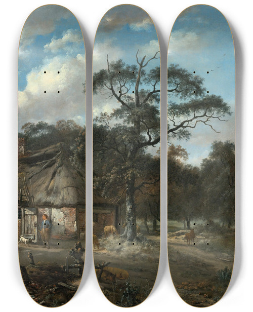 Triptych art skateboard deck of Jan Wijnants Wooded Landscape With A Boy And Animals Near A Cottage by Jan Wijnants (1632-1684)