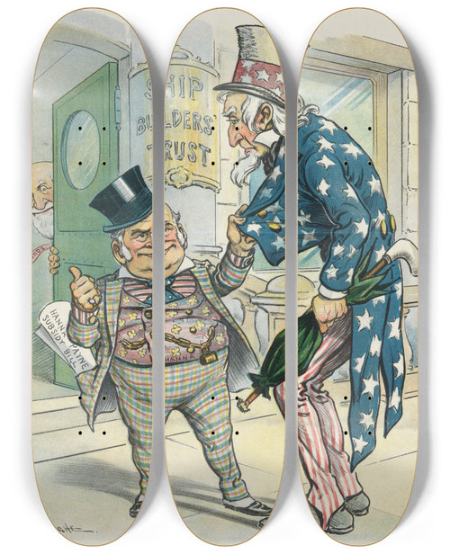 Triptych art skateboard deck of John Samuel Pughe The Same Old Game by John Samuel Pughe (1870-1909)