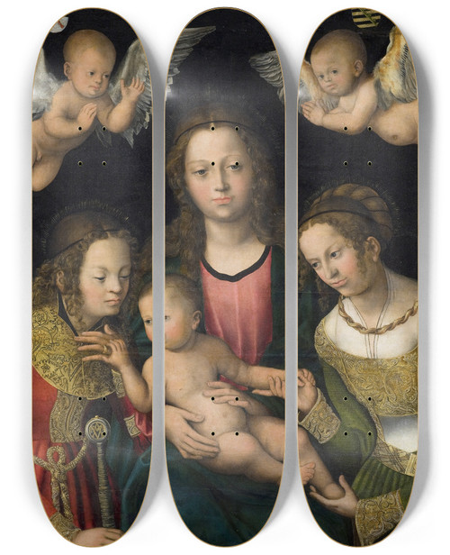 Triptych art skateboard deck of Lucas Cranach The Elder Virgin And Child With The Saints Catherine And Barbara by Lucas Cranach The Elder (1472-1553)