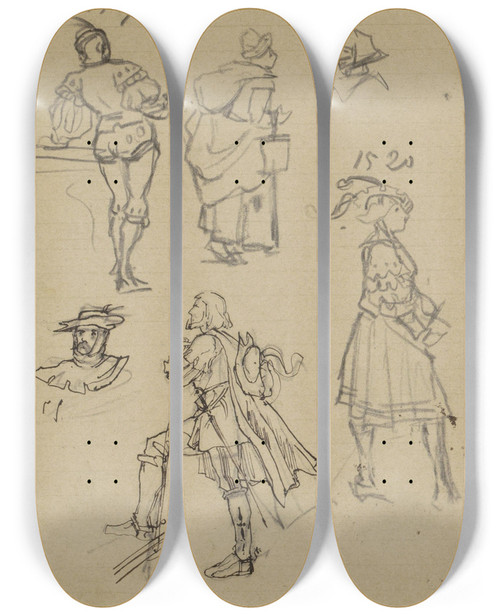Triptych art skateboard deck of Marius Bauer Figuren In Kostuums Uit 15171520 by Marius Bauer (1867-1932)