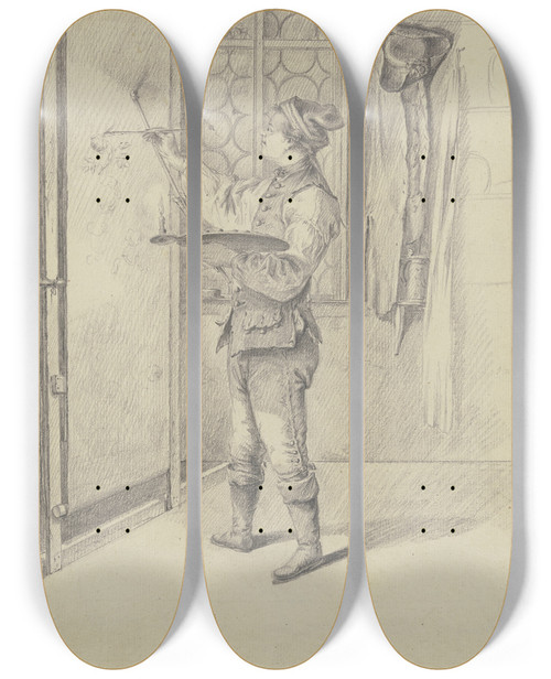 Triptych art skateboard deck of Johann Ludwig Ernst Morgenstern Junger Maler Ein Rollbild Tapete Malend Bei Kerzenlicht by Johann Ludwig Ernst Morgenstern (1738-1819)
