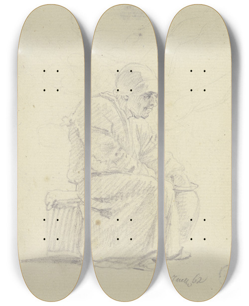 Triptych art skateboard deck of Daniel Nikolaus Chodowiecki Sitzende Alte Frau Im Profil Nach Rechts Mit Der Linken In Einen Neben Ihr Stehenden Topf Greifend by Daniel Nikolaus Chodowiecki (1726-1801)