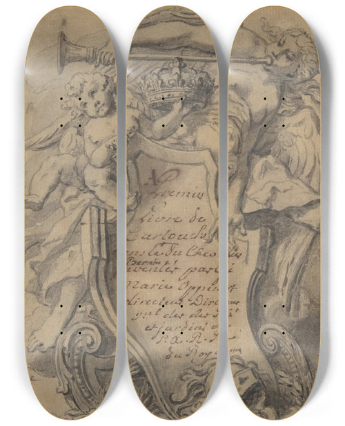 Triptych art skateboard deck of Gillesmarie Oppenord Study For A Cartouche_2 by Gilles Marie Oppenord (1672-1742)
