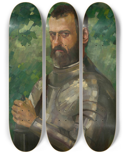 Triptych art skateboard deck of Wilhelm Trbner Halflength Portrait Of A Man In Armor by Wilhelm Trubner (1851-1917)