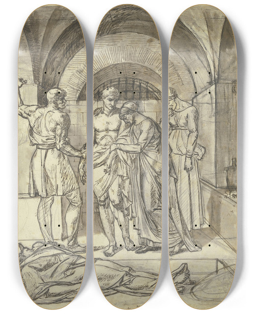 Triptych art skateboard deck of Eberhard Von Wchter Zwei Frauen Und Zwei Mnner Bei Einer Leiche Im Gefngnis by Eberhard Wachter