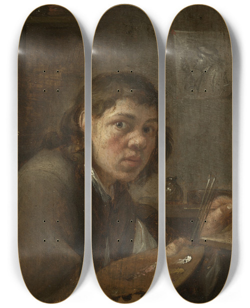 Triptych art skateboard deck of Gillis Van Tilborgh Selfportrait In The Studio by Gillis Van Tilborgh (1625-1678)