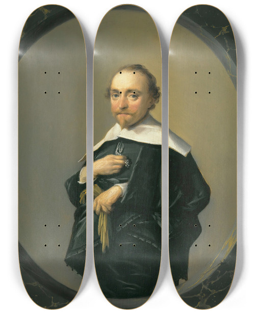 Triptych art skateboard deck of Hendrik Gerritsz Pot Portrait Of A Bearded Man Wearing A Black Coat With A Large White Collar Holding A Pair Of Gloves by Hendrik Gerritsz Pot (1580-1657)