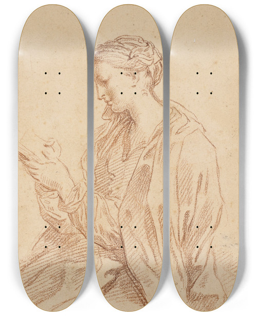 Triptych art skateboard deck of Carlo Maratti Woman Reading In Profile To The Left by Carlo Maratti (1625-1713)