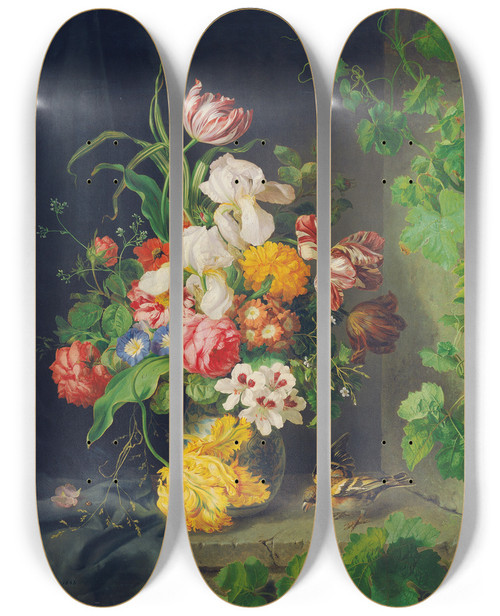 Triptych art skateboard deck of Josef Lauer Still Life With Flowers Sparrow And Vine Branch by Josef Lauer (1818-1881)