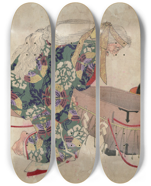 Triptych art skateboard deck of Tsukioka Yoshitoshi Watanabe No Tsuna To Ibaraki_2 by Tsukioka Yoshitoshi (1839-1892)