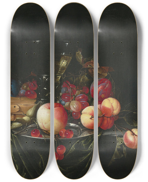 Triptych art skateboard deck of Cornelis De Heem Still Life With Pears Grapes And Plums by Cornelis de Heem (1631-1695)