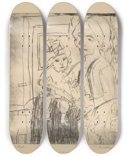 Triptych art skateboard deck of Ernst Ludwig Kirchner Young Woman With Child by Ernst Ludwig Kirchner (1880-1938)