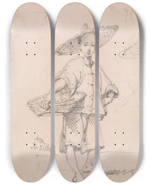 Triptych art skateboard deck of George Chinnery Young Coolie With A Basket by George Chinnery (1774-1852)