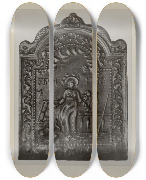 Triptych art skateboard deck of Charles Von Urban Pa German Fireback by Charles Von Urban