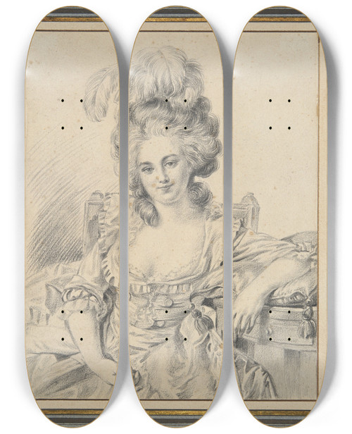 Triptych art skateboard deck of Louis Rolland Trinquesse Portrait Of A Lady Preparatory Study For Apainting by Louis Rolland Trinquesse (1746-1800)