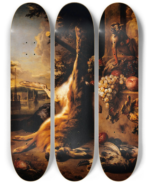 Triptych art skateboard deck of Jan Weenix Gibier Mort Singe Et Fruits Devant Un Paysage by Jan Weenix (1641-1719)