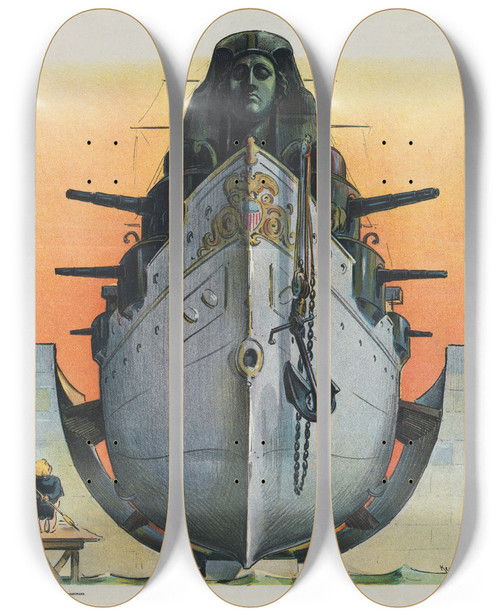 Triptych art skateboard deck of Udo Keppler The Sphinx Of The Period by Udo Keppler (1872-1956)