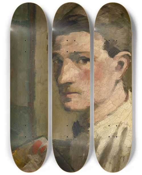 Triptych art skateboard deck of Hans Brhlmann Selfportrait With Palette by Hans Bruhlmann (1878-1911)