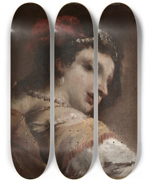 Triptych art skateboard deck of Giovanni Antonio Guardi Head Of A Woman by Giovanni Antonio Guardi (1699-1766)